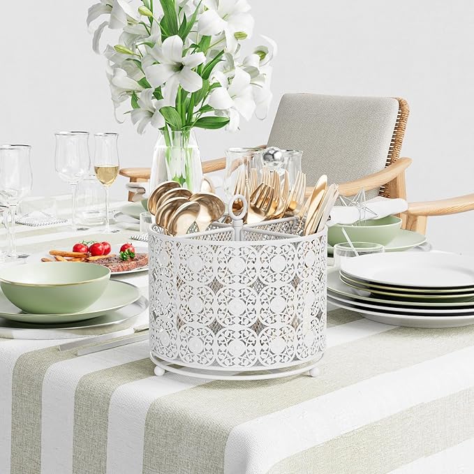 Rotating Utensil Caddy Holder - Higher Raised Cutlery Caddy Countertop - Metal Silverware Caddy Organizer with 4 Compartment for Kitchen Counter Party Office white