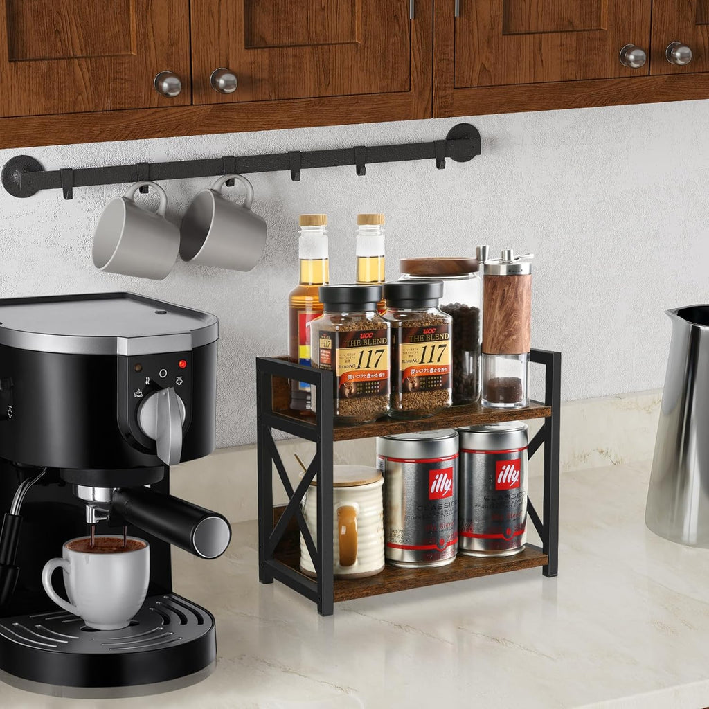 YINMIT Countertop Shelf Organizer,Coffee Bar Accessories,Spice Rack,Coffee Counter Shelf,2 Tier Coffee Organizer Station for Mugs,Cups,Cream,Syrup(Rustic Brown, Small)