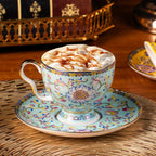 KAMMAK Tea Cups and Saucers Set of 2, Porcelain Coffee Cups with Saucer for Espresso, Cappuccino, 7.5oz Vintage Yellow and Blue Ceramic Demitasse Mug for Home, Tea Party, Office