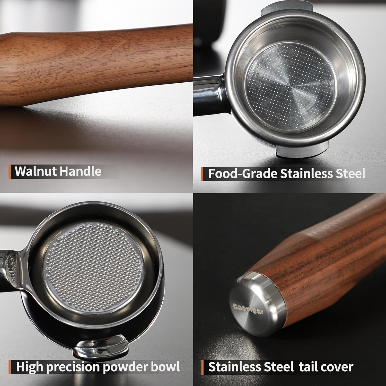 58mm Bottomless Portafilter | Fits for E61 Group Head 2 Ears machines| Stainless Steel portafilter and Walnut wood Handle|Espresso Machine Accessories(Walnut)