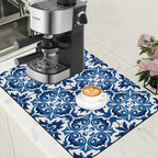 Dish Drying Mat Blue Portuguese Tiles Coffee Bar Mat for Countertop - Absorbent Rubber Backed Hide Stain Dish Drainer Rack - Coffee Maker Pot Dining Room Decoration 15.7 x 23.6 Inch