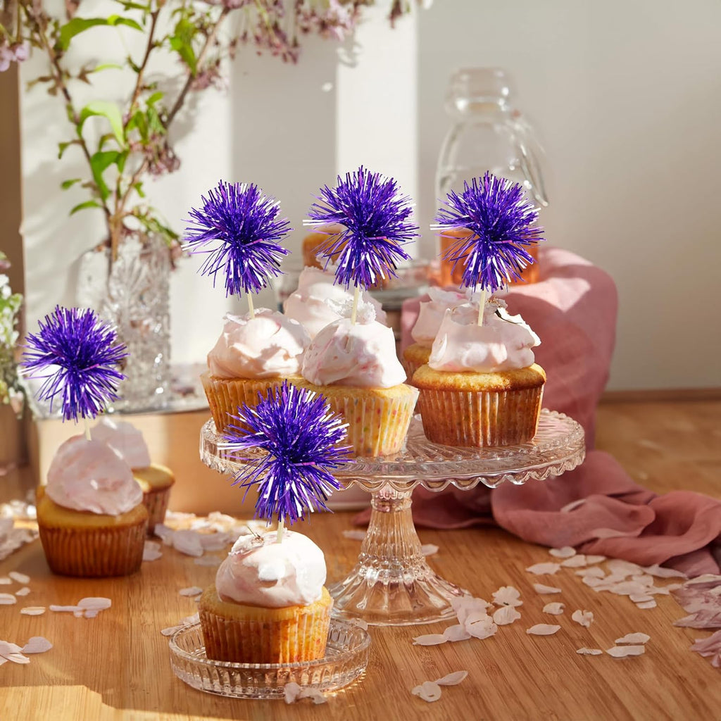 Gyufise 30Pcs Foil Firework Cupcake Toppers Sparkle Tinsel Cake Toppers Tinsel Drink Cake Decoration Cocktail Picks for Birthday Wedding Graduation Party Supplies Dark Purple