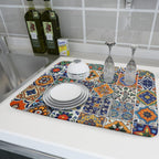 Talavera Mexican Tiles Dish Drying Mat for Kitchen Counter 16x18 Inch Mexican Flower Decorations Dish Draining Mat Mexican Tilt Fast Absorbent Tableware Dishes Pad for Coffee Bar Countertop