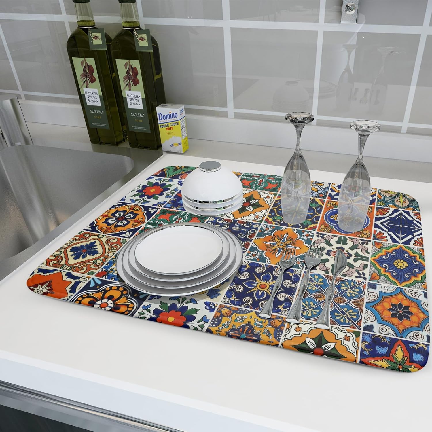 Talavera Mexican Tiles Dish Drying Mat for Kitchen Counter 16x18 Inch Mexican Flower Decorations Dish Draining Mat Mexican Tilt Fast Absorbent Tableware Dishes Pad for Coffee Bar Countertop