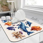 Sea Animals Dish Drying Mat Dolphins Starfish Anemones Kitchen Mat 16"x24" Bsorbent Coffee Maker Mat for Dishes,Utensils Coffee Maker Pots and Pans Easy Clean Dish Slip Resistant Pad