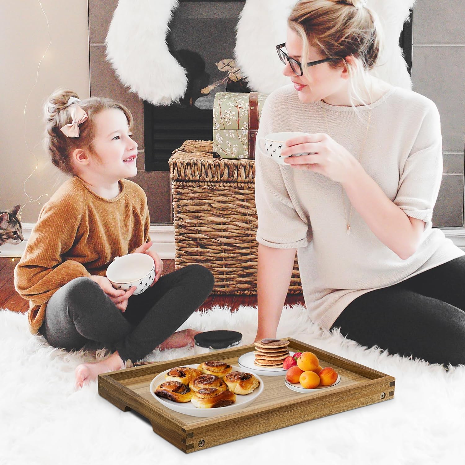 VaeFae Acacia Bed Table Tray, Wooden Breakfast Tray with Folding Legs, Bed Tray for Eating and Laptop, Eating Trays for Bedroom, (2 Pack)