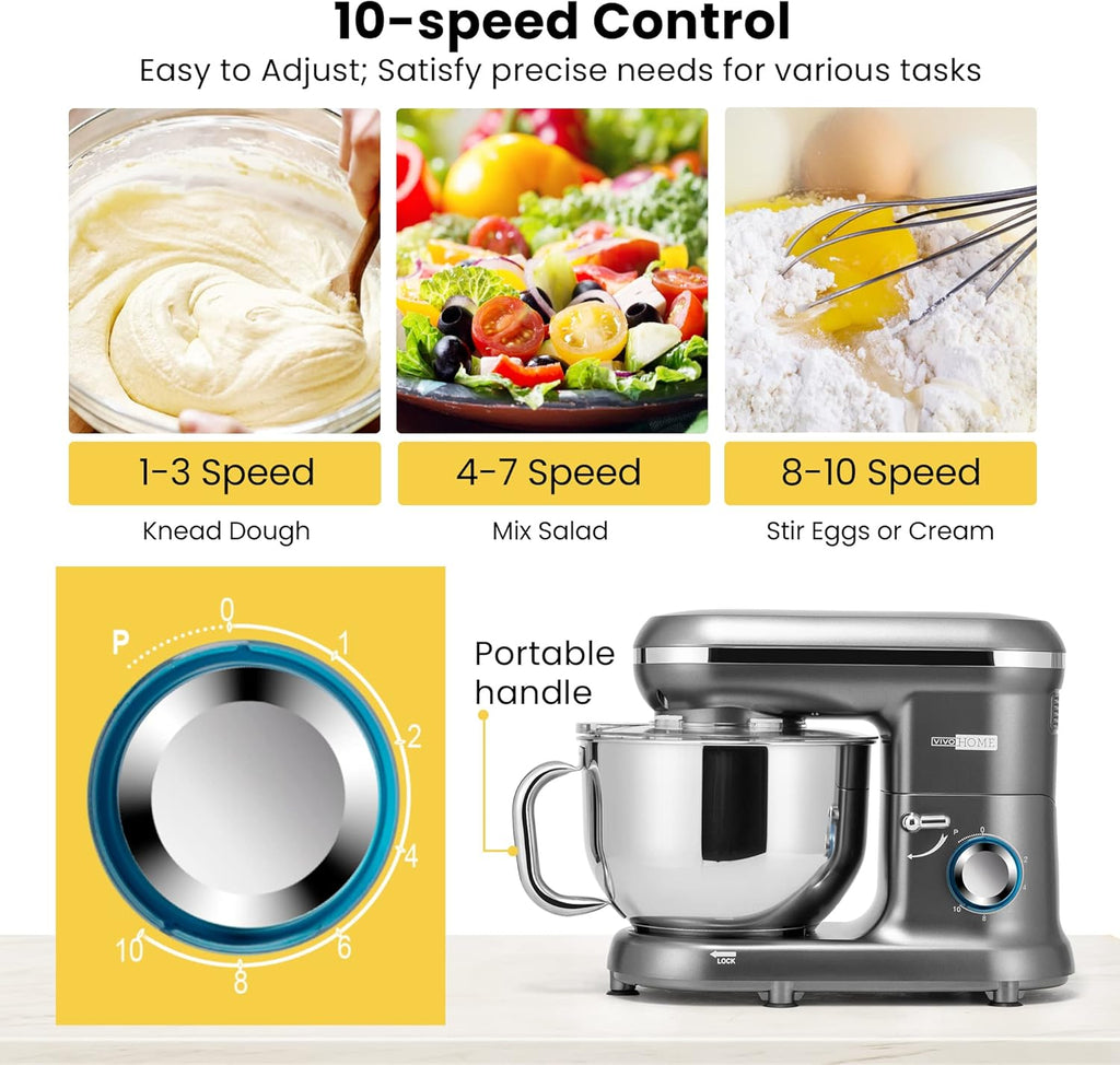 VIVOHOME Stand Mixer, 660W 10 Speed 6 Quart Tilt-Head Kitchen Electric Food Mixer with Beater, Dough Hook, Wire Whip and Egg Separator, Gray