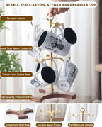 Gold Mug Holder Tree for Countertop | 2-Tier Coffee Mug Rack Holds 6 Large Mugs, 5oz to 20oz | Elegant Golden Cup Stand with Solid Wood Base | Kitchen Counter Organizer & Coffee Bar Accessories
