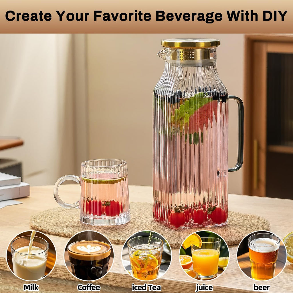 2 PACK Square Glass Pitcher with Lid and Spout,68 oz/2 Liter Vertical Stripes Water Pitcher for Fridge, Borosilicate Glass Water Carafe for Cold Brew, Coffee, Lemonade, Sun Tea,Heat Resistant