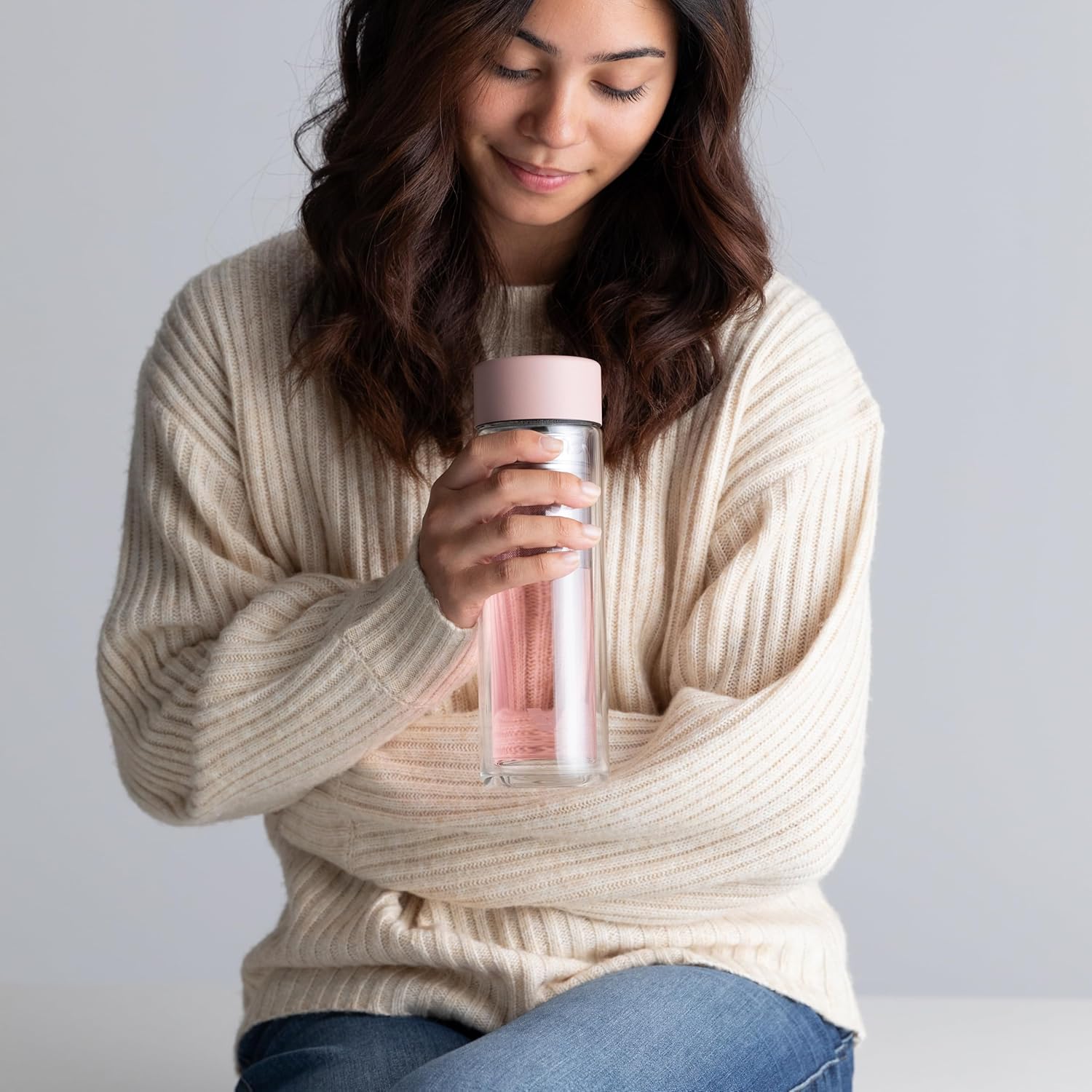 Glass Multi Tea Infuser Bottle 14oz - Double Wall Borosilicate Glass Flask | No Plastic Touches Contents | Perfect for Office or Home - Rose Pink