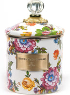 MACKENZIE-CHILDS Small Enamel Canister, Kitchen Storage Container for Flour and Sugar, 1.13 Liters, White Flower Market