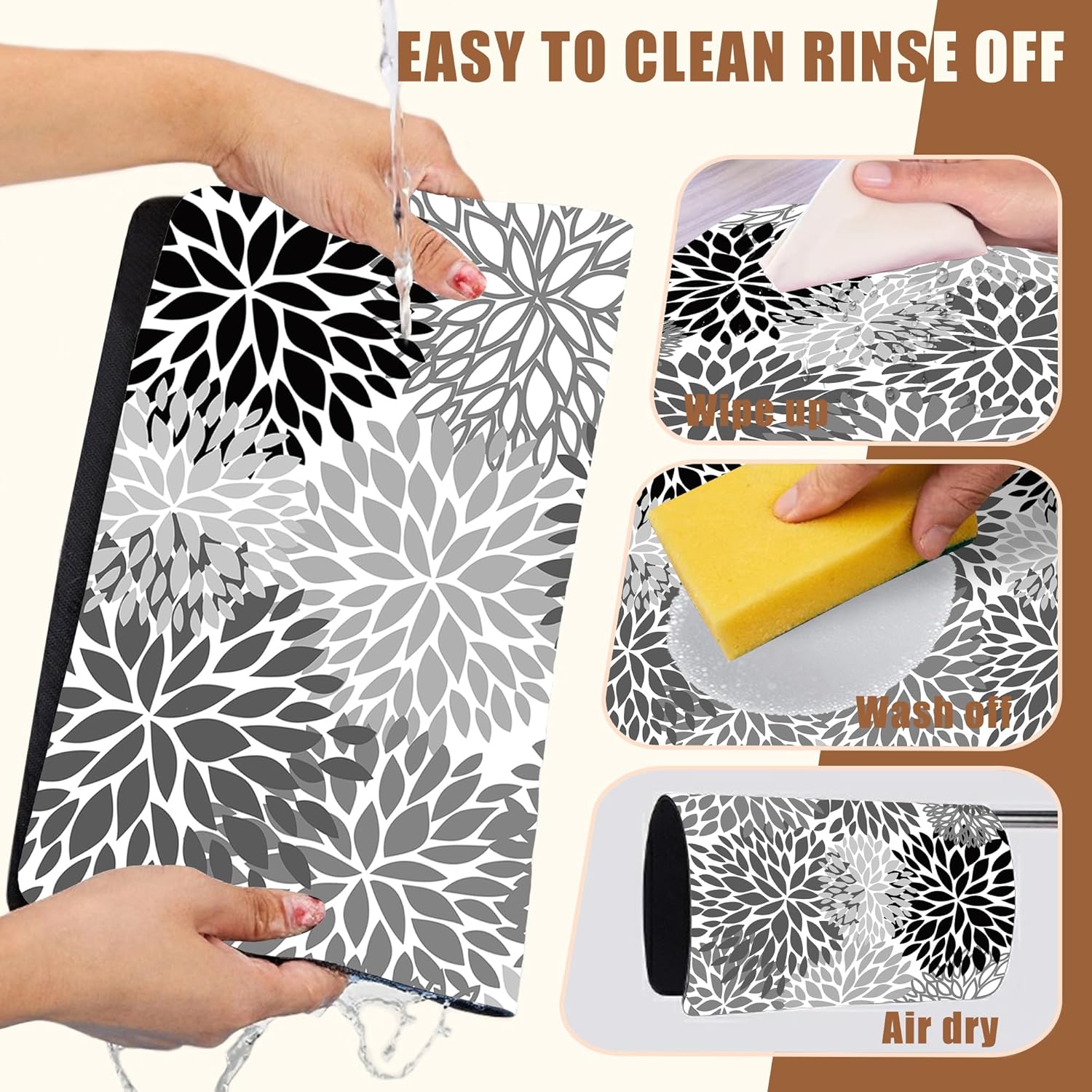 Dish Drying Mat Black and White Chrysanthemum Flower Coffee Bar Absorbent Rubber Backed Hide Stain Dish Drainer Rack Coffee Maker Pot Dining Room Decoration 15.7 x 23.6 Inch