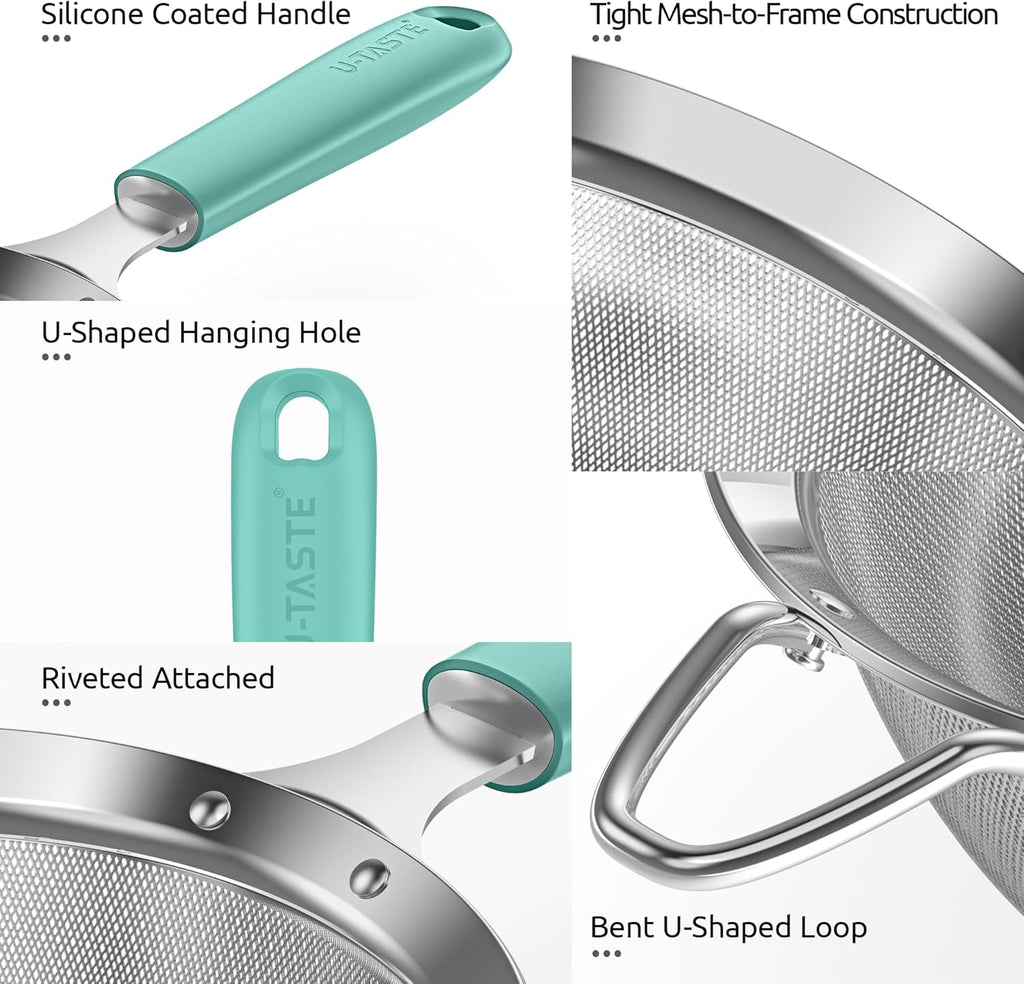 U-Taste Medium Fine Mesh Strainer: 18/8 Stainless Steel 4.73in 30 Mesh Kitchen Food Sieve with Sturdy Riveted Silicone Handle, Heavy Duty Deep Handheld Metal Colander for Rice, Quinoa, Flour(Aqua Sky)