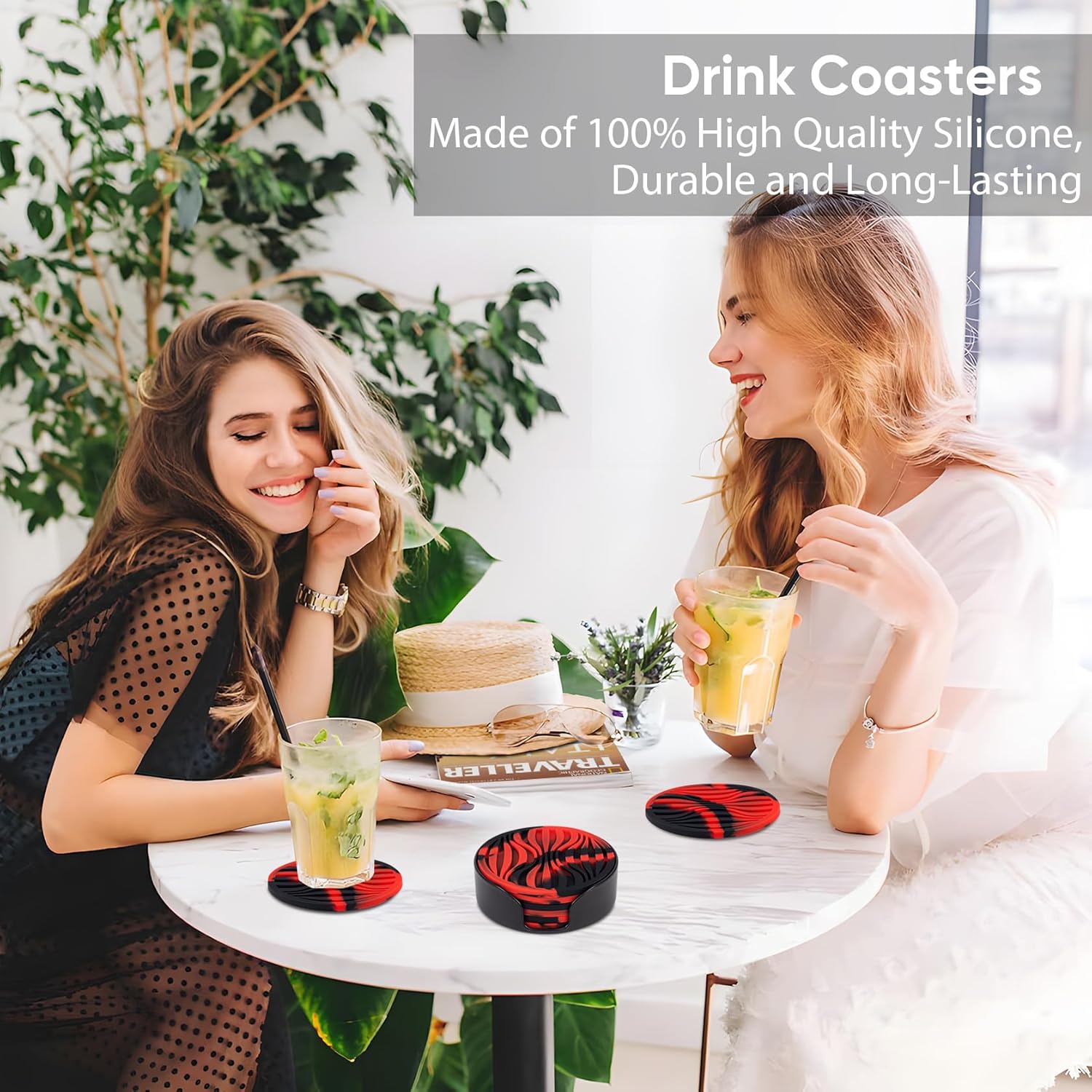 6 Pack Drink Coasters,Coasters for Drink with Holder,Non-Slip Silicone Cup Mat,Rubber Coaster Live for Hot or Cold Drink,Fits Any Size of Cups(Black Red)