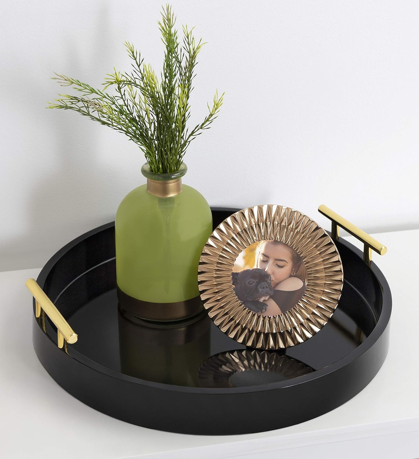 Kate and Laurel Lipton Modern Round Tray, 15.5" Diameter, Black and Gold, Decorative Accent Tray for Storage and Display