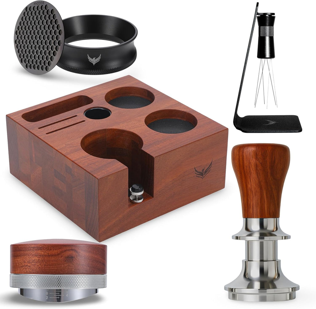 58mm Espresso Accessories Kit – Rosewood Tamping Station, Calibrated Tamper, Coffee Distributor, WDT Tool, Dosing Funnel & Puck Screen | Complete Espresso Tool Set for 58mm Portafilter M
