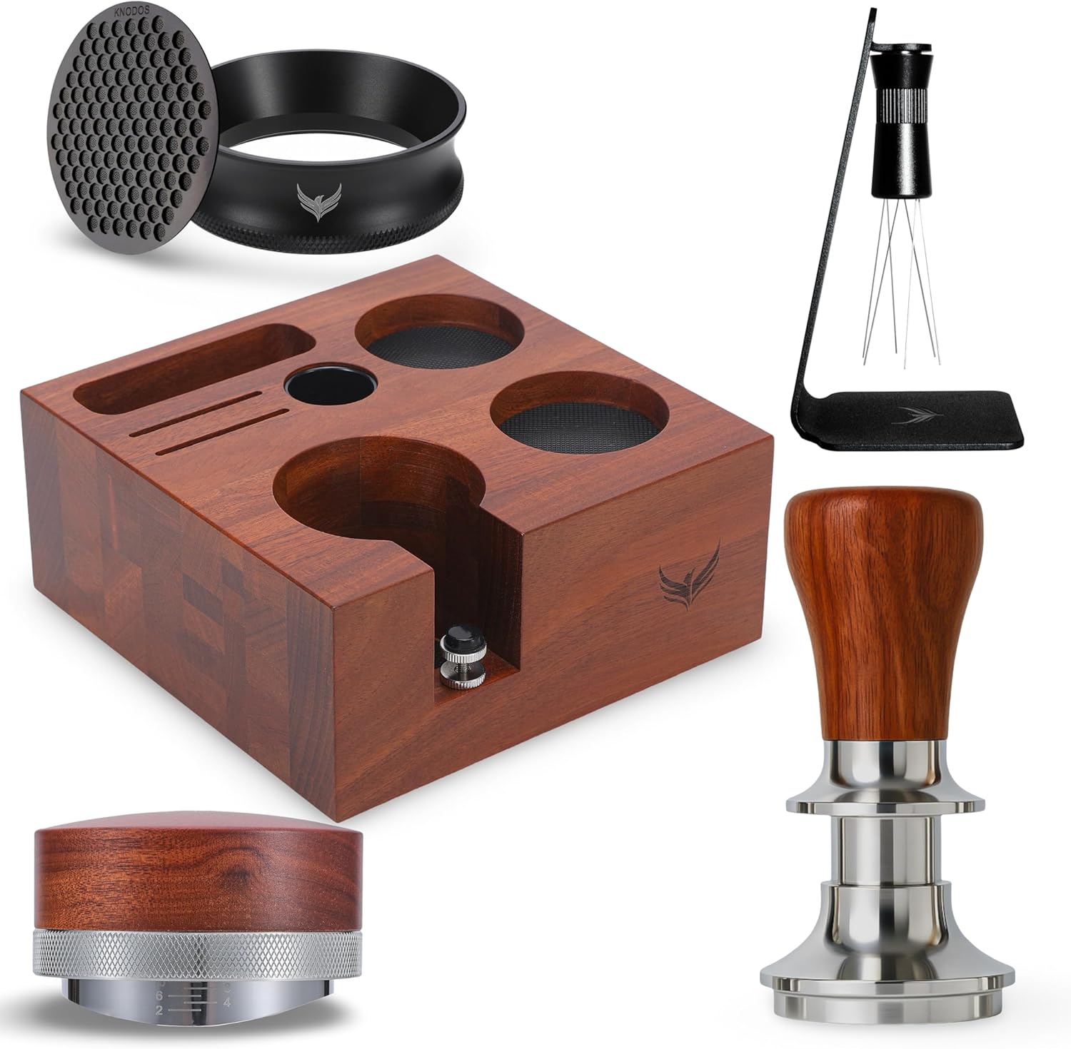 58mm Espresso Accessories Kit – Rosewood Tamping Station, Calibrated Tamper, Coffee Distributor, WDT Tool, Dosing Funnel & Puck Screen | Complete Espresso Tool Set for 58mm Portafilter M