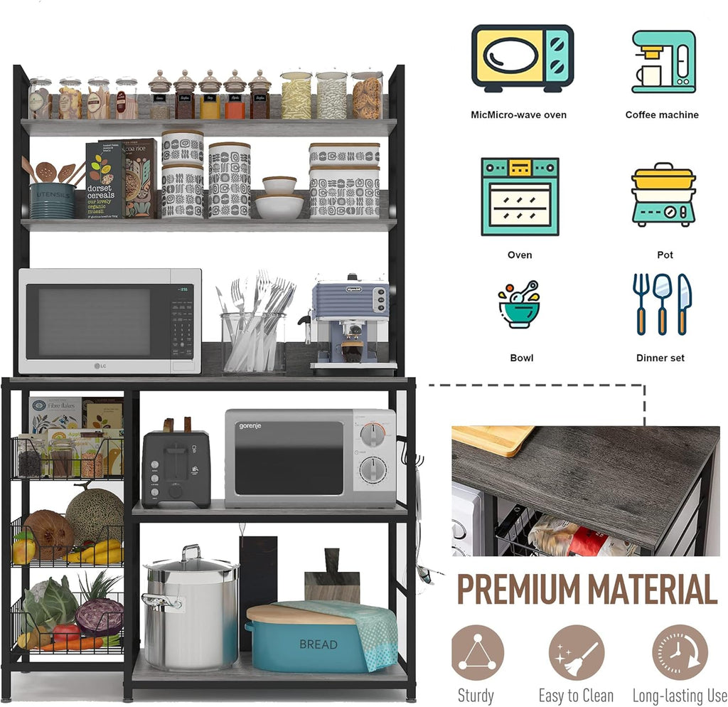 Kitchen Bakers Rack with Baskets,Free Standing Shelf,5-Tier Kitchen Utility Storage Shelf with Hooks, Microwave Oven Stand Rack Grey