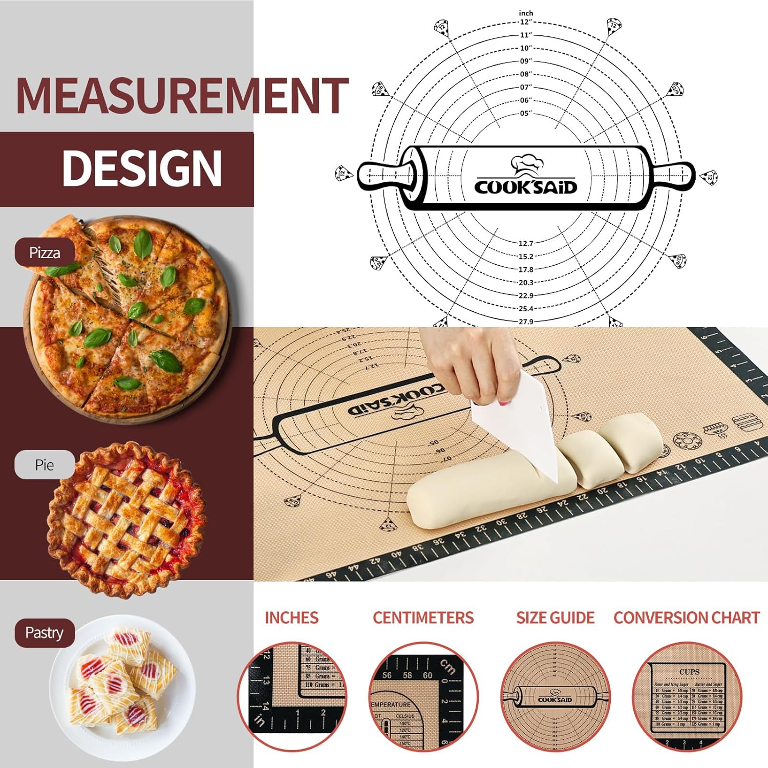Cook's Aid Silicone Pastry Mat Extra Large with Measurements 26''x16'' for Reusable,Non-slip Silicone Baking Mat, Counter, Dough Rolling, Oven Liner,Fondant/Pie Crust,Dark Gray