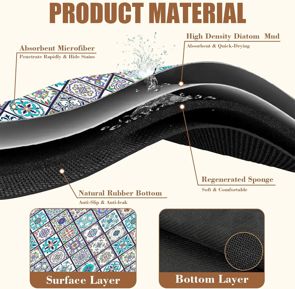 Colorful Tiles Dish Drying Mat for Kitchen Counter Coffee Mat Hide Stain Absorbent Non-Slip Rubber Backed Drying Rack Pad Espresso Machine Coffee Bar Accessories 11.8 x 19.7 Inch