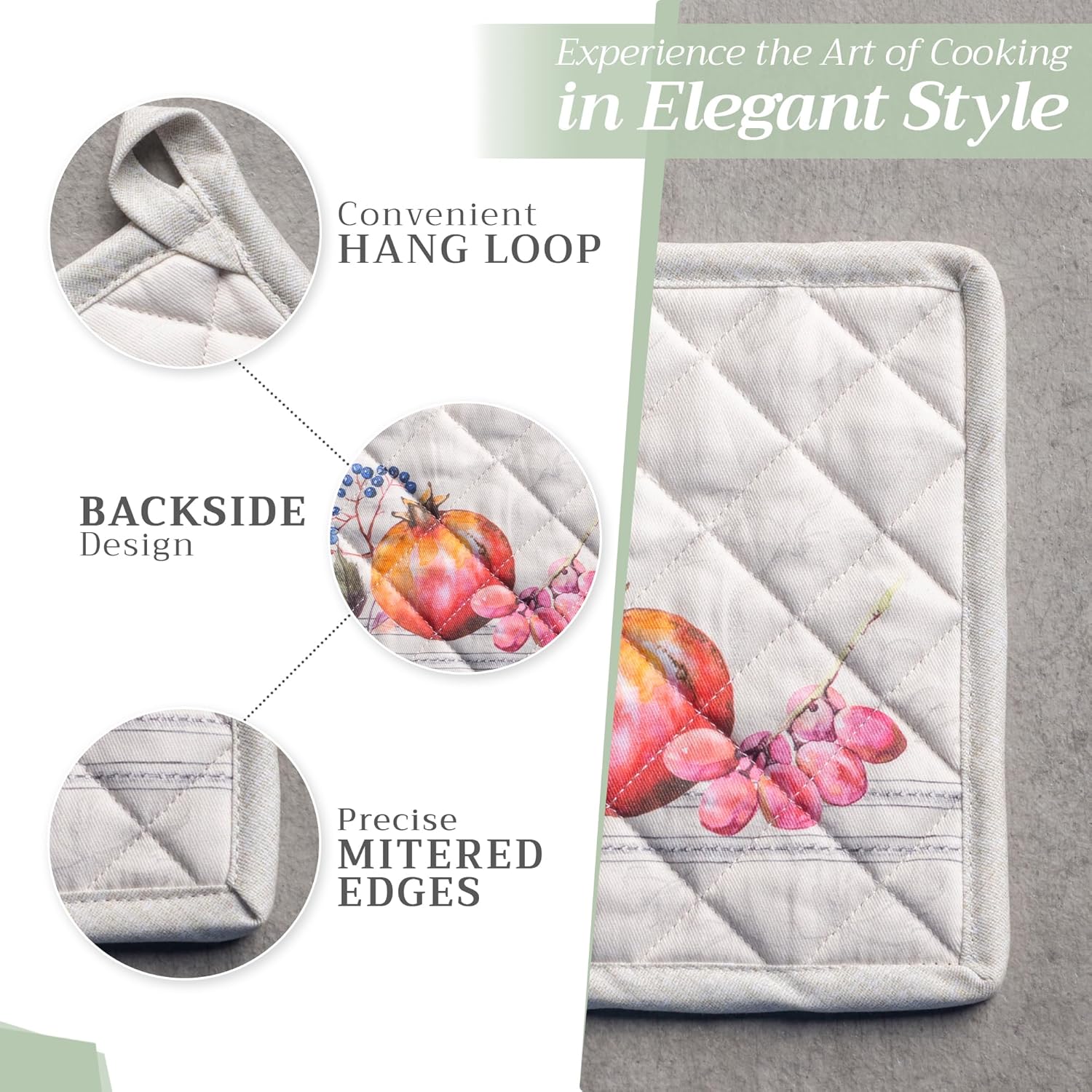 Maison d' Hermine Pot Holders Set 100% Cotton Heat Resistant Potholders 8" x 8" Hot Pads with Loop BBQ, Cooking, Baking, Grilling, Kitchen, Handling Hot Pans (Pack of 2, Fruit D'Hiver)