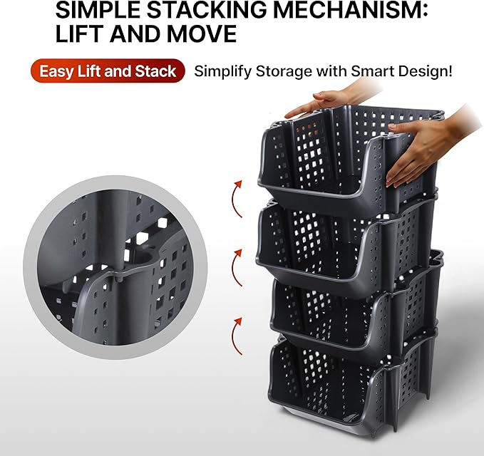 Skywin TidyFriend Plastic Stackable Storage Bins, 4 Pack Extra Large Open Front Bins for Toy, Pantry, Kitchen, and Bathroom Organization (Dark Grey)