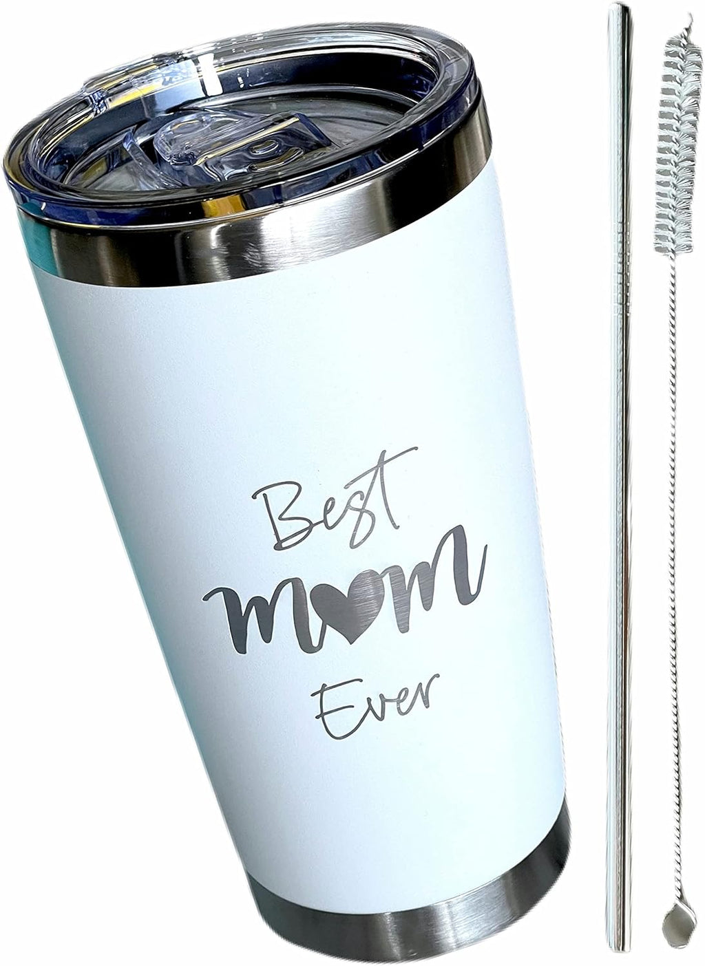 Best Mom Ever Tumbler Gift. 20 Oz Insulated Stainless Steel With Lid, Straw & Brush. Gift Idea For Mom Birthday, Mother's Day Gift Travel Mug Or New Mom Christmas Gift. Laser Engraved.(White)