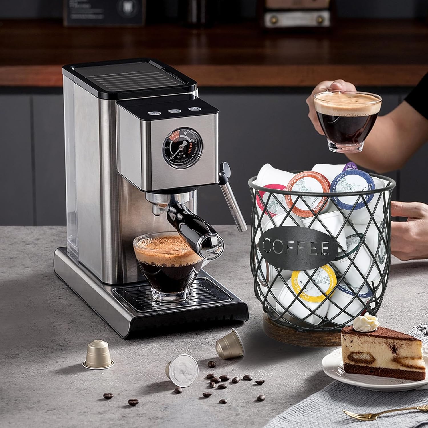 YINMIT K Cup Holder Organizer, Sturdy Coffee Pod Holder Organizer, 35 Kcup Large Capacity Storage Basket for Kitchen Counter and Office Desktop (Circular Grid)