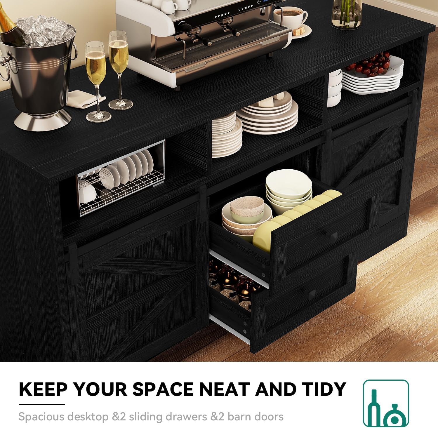 YITAHOME Buffet Cabinet with Drawers, 59" Large Sideboard Buffet Storage Cabinet with Shelves and Doors, Modern Farmhouse Coffee Bar Station Wood Kitchen Table for Kitchen, Dining Room, Black