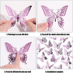 SAOROPEB 3D Butterfly Wall Decor - 48 Pcs, 4 Styles, 3 Sizes, Removable Stickers for Birthday & Party Decorations (Lavender)