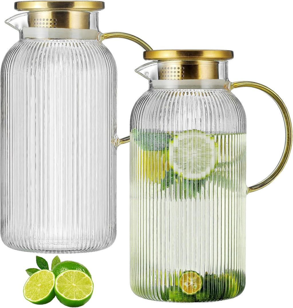 2 PACK Glass Pitcher with Lid, 84oz/2.5L Liter Classic Vertical Stripes Water Pitcher,Glass Water Carafe for Cold Brew, Coffee, Lemonade, Iced Tea,Sun Tea, Beverage, Heat Resistant