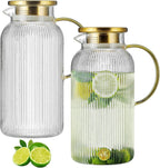 2 PACK Glass Pitcher with Lid, 84oz/2.5L Liter Classic Vertical Stripes Water Pitcher,Glass Water Carafe for Cold Brew, Coffee, Lemonade, Iced Tea,Sun Tea, Beverage, Heat Resistant