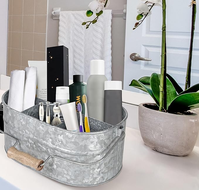 Alpha Living Home Galvanized Metal Utensil Caddy - Rustic Farmhouse Organizer Metal Garden Caddy with 4 Compartments and Wooden Handle for Kitchen, Buffet & Outdoor Events (Silver)