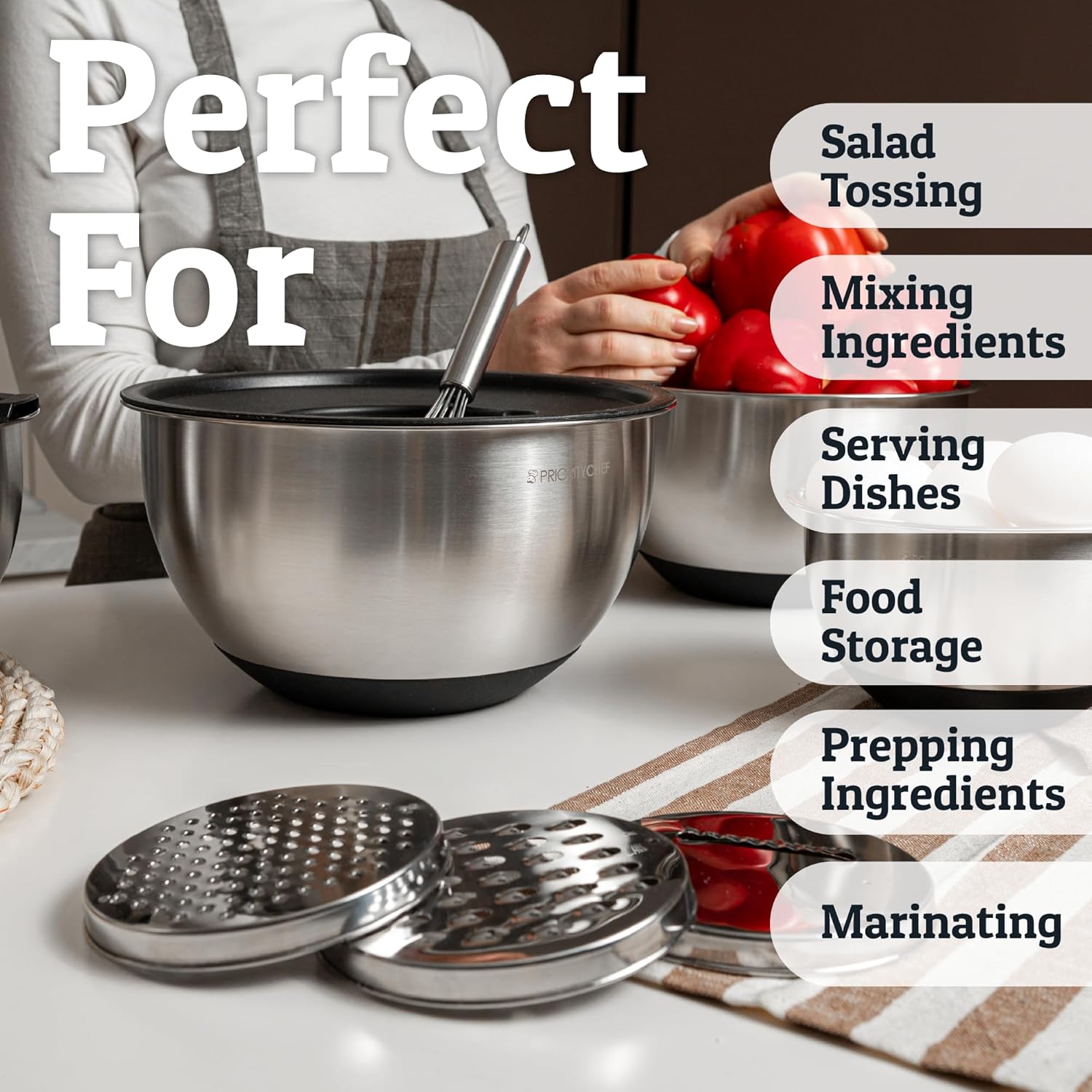 Priority Chef Stainless Steel Mixing Bowls with Lids Set, 3 Grater Attachments, Airtight Lids, Non-Slip Silicone Base Mixing Bowl Set, Large Prep Metal Mixing Bowls for Kitchen, Black