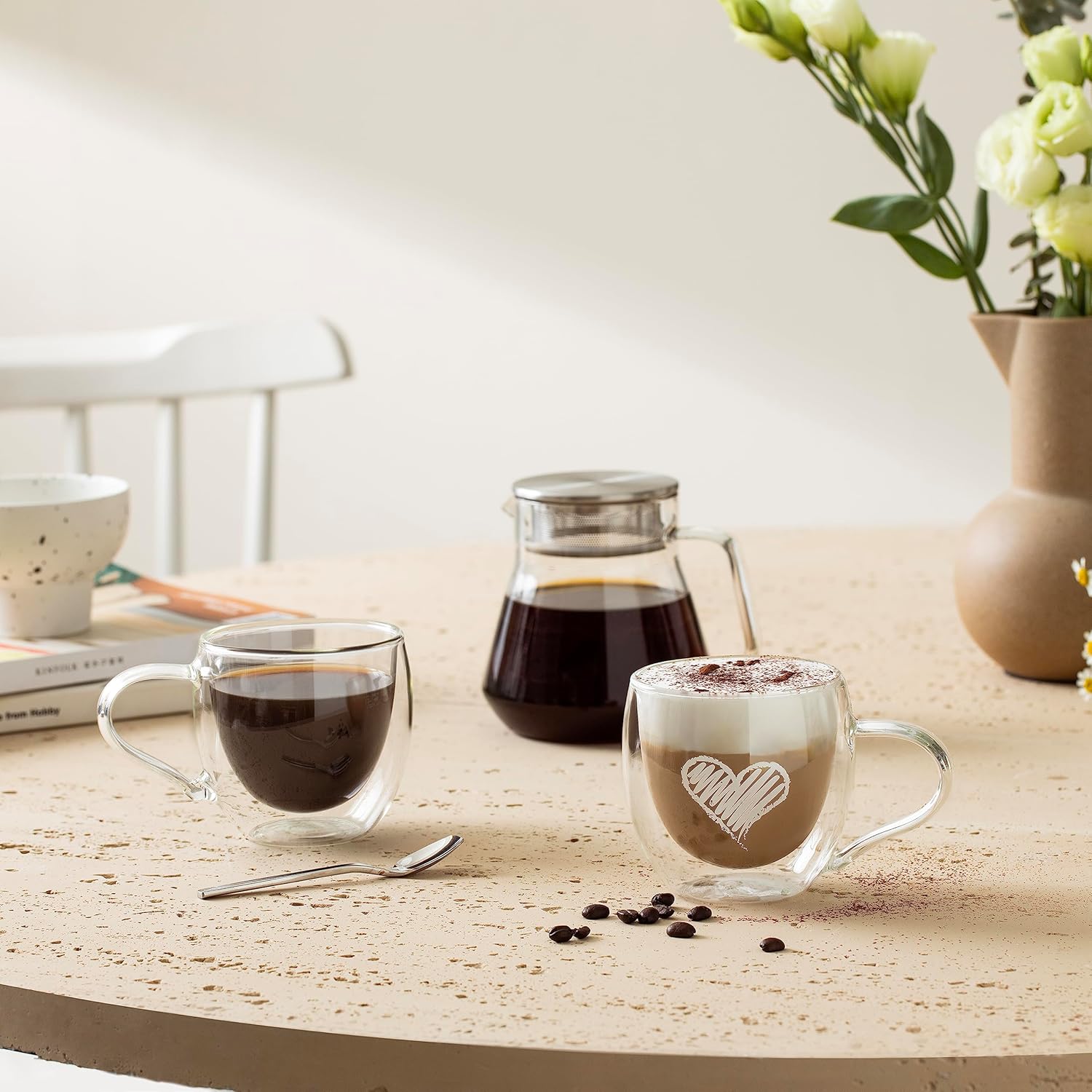 CNGLASS Double Wall Glass Coffee Mugs with Handle,10oz Clear Insulated Glass Espresso Cups for Hot and Cold Beverages,Latte,Cappuccino,Set of 2