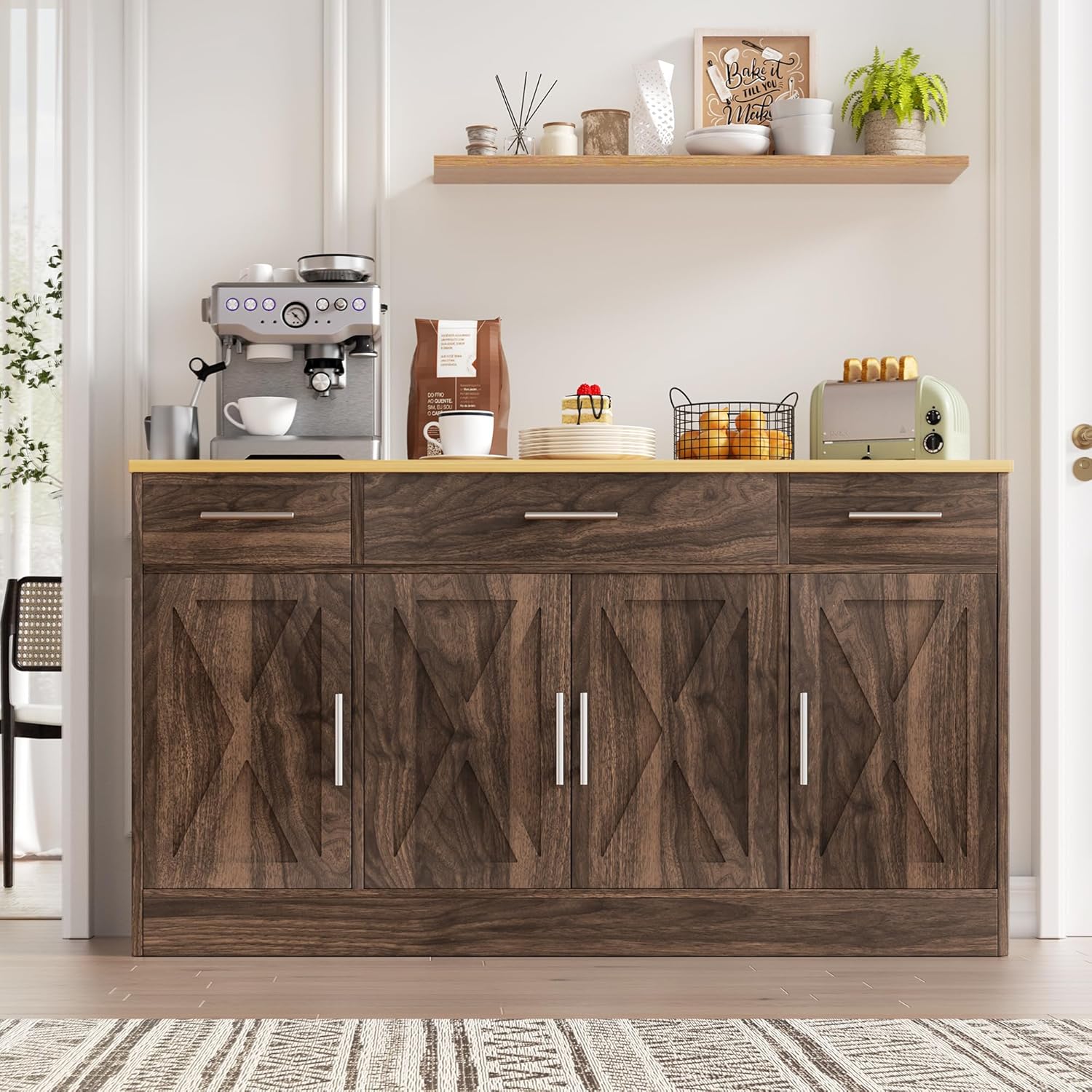 Vongrasig 53' Large Sideboard Cabinet with 4 Doors and 3 Drawers, Farmhouse Buffet Table Coffee Bar Kitchen Storage Cabinet, Wood Cabinet for Kitchen, Dining Room, Rustic Brown