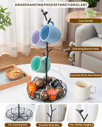 Coffee Mug Holder for Countertop, Mug Tree with Bird's Nest Storage Basket, Holds 4 Large Mugs (20oz Compatible), Whimsical Kitchen Decor, Coffee Bar Accessories (Black)