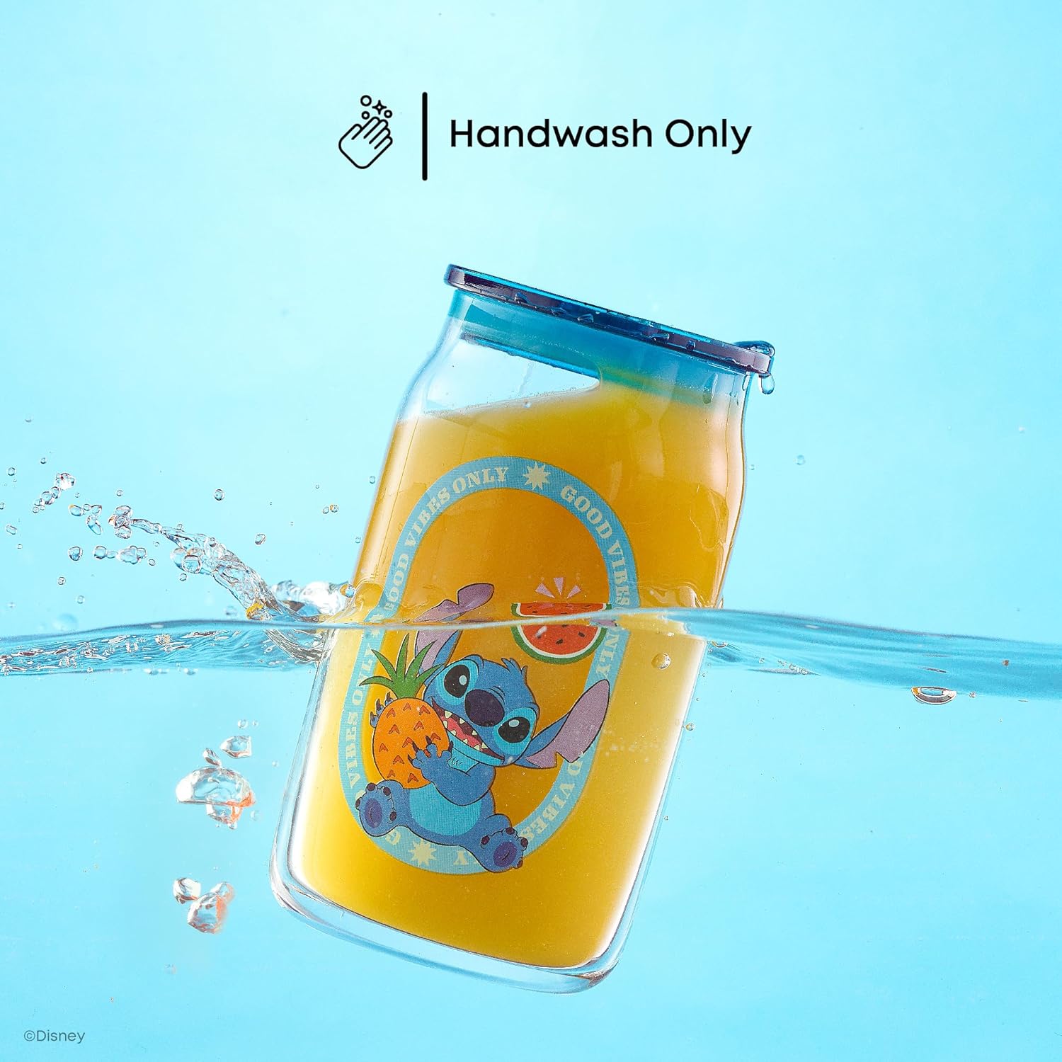 JoyJolt Disney Stitch Island Vibes Glass Tumblers with Lids and Straws, 16oz Glass Cups with Lids and Straws, Can Shaped Drinking Glasses Set of 4, Stitch Stuff, Disney Gifts for Adults