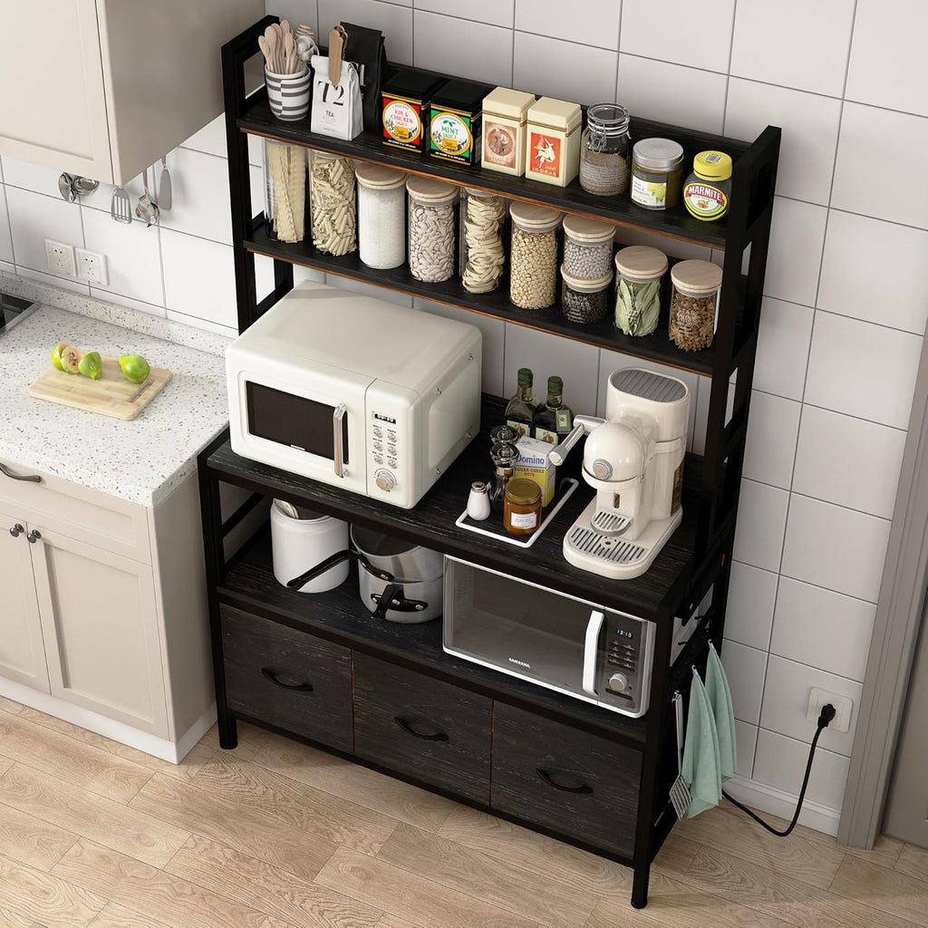 Bakers Rack with Power Outlet,5-Tier Free Standing Kitchen Storage Shelf Bakers Rack with Baskets,Industrial Microwave Oven Stand,Metal Kitchen Rack Organizer with Hooks(Black)