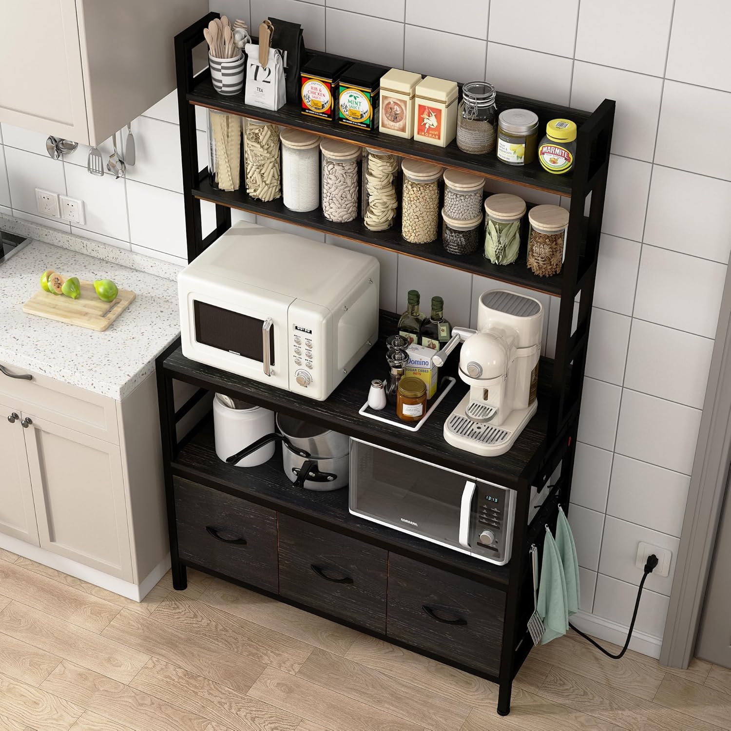 Bakers Rack with Power Outlet,5-Tier Free Standing Kitchen Storage Shelf Bakers Rack with Baskets,Industrial Microwave Oven Stand,Metal Kitchen Rack Organizer with Hooks(Black)