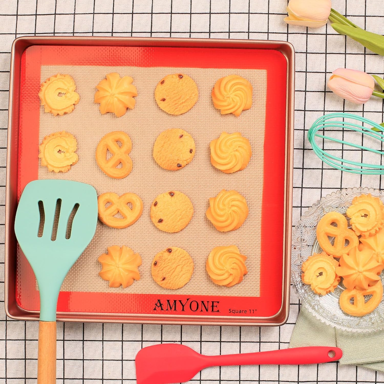 AMYONE Square Silicone Baking Mats for 11 Inch Cake Pan/11x11 Cheesecake Pan/Toaster Oven/XL Air Fryer, Food Grade Silicone Baking Sheet Liners for Cookie/Cake/Pastry/Torte, Non-Stick, Reusable 2 PCS