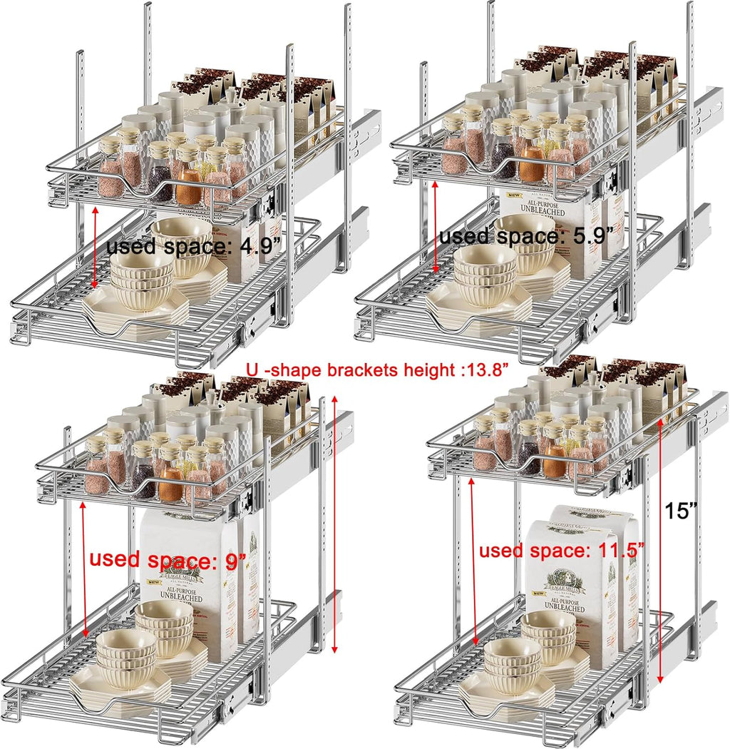 DINDON Pull Out Cabinet Organizer (14" W X 21" D), Cabinet Pull Out Shelves, 2 Tier Pull Out Drawers for Kitchen Cabinets, Wire Basket Slide Out Shelf for Cabinet Organization in Kitchen, Pantry
