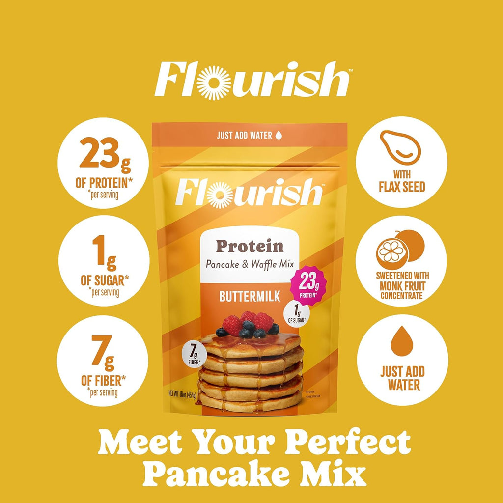 Flourish Protein Pancake & Waffle Mix, with Whey Protein & Flax Seed, No Added Sugar, High in Protein & Fiber - Just Add Water - Buttermilk Flavour, 430 g (2 Pack) - Made in Canada