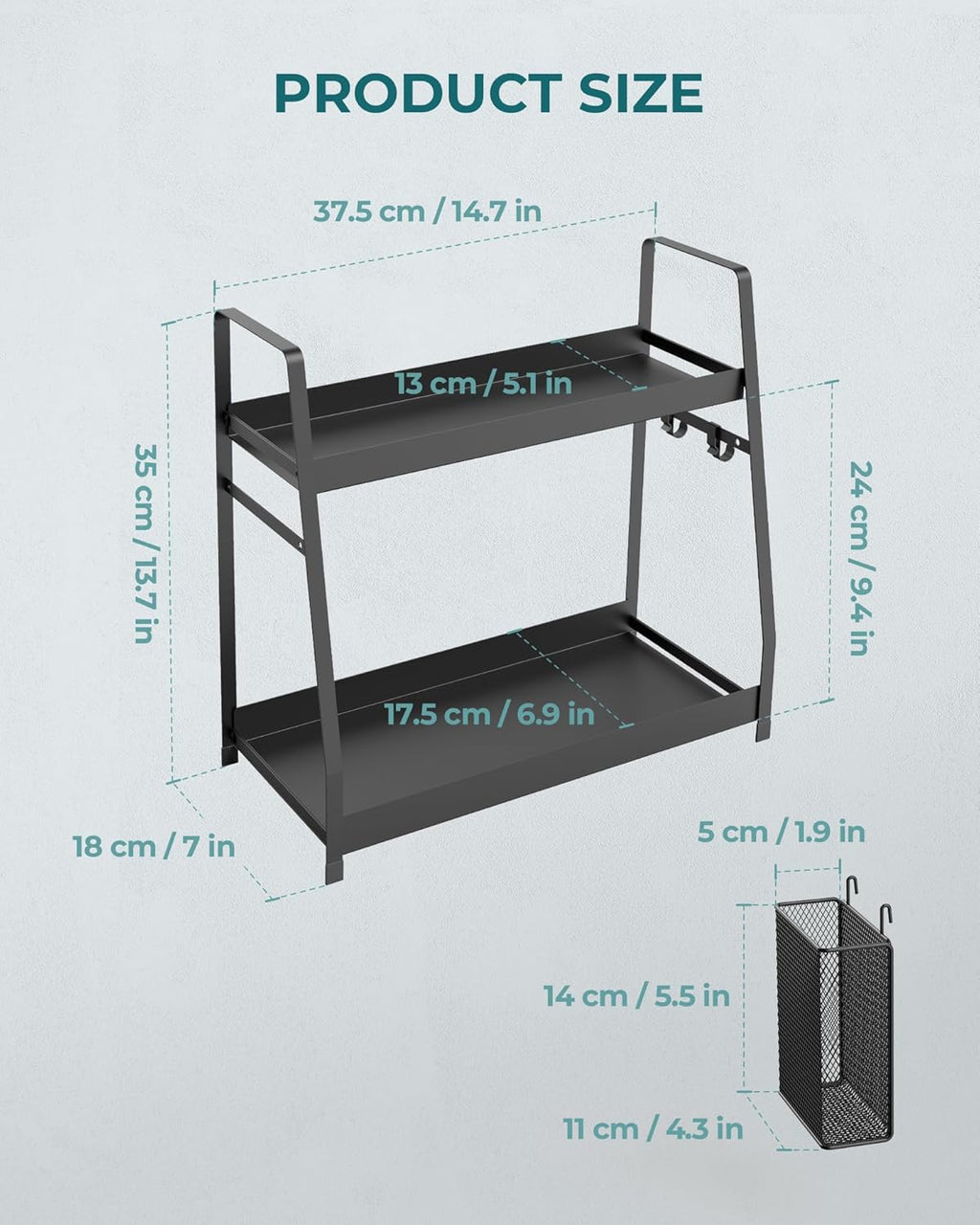 OROPY 2 Tier Spice Rack for Countertop, Metal Standing Kitchen Storage Organizer Shelf, Counter Shelf for Cabinet,Pantry,Bathroom,Bedroom, with Hanging Basket