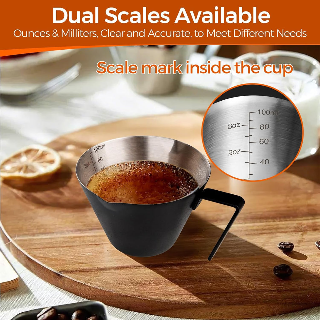 YARRAMATE Stainless Steel Espresso Shot Cup, Double Spout Metal Espresso Measuring Cup with V-Shaped Mouth, Espresso Accessories, 3.4OZ/100ML (Black)