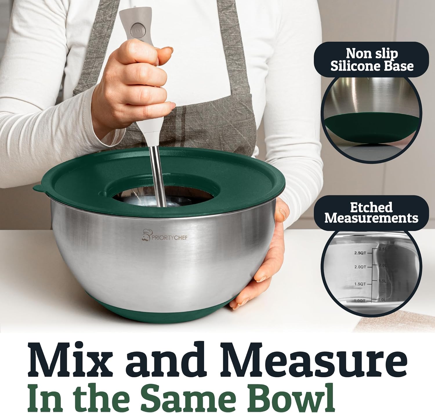 Priority Chef Stainless Steel Mixing Bowls with Lids Set, 3 Grater Attachments, Airtight Lids, Non-Slip Silicone Base Mixing Bowl Set, Large Prep Metal Mixing Bowls for Kitchen, Green
