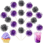 40 PCS Foil Firework Cupcake Toppers Sparkle Tinsel Cupcake Picks Fireworks Birthday Party Decorations Cocktail Fruit Toothpick for Birthday Wedding Graduation Party Decorations Supplies Black Purple