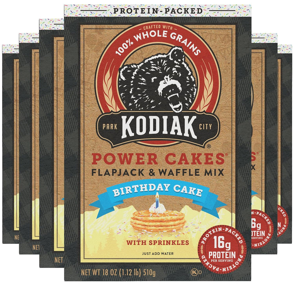 Kodiak Cakes Power Cakes - Protein Pancake Mix & Waffle Mix - 100% Whole Grain- Birthday Cake Flavor (Pack of 6)
