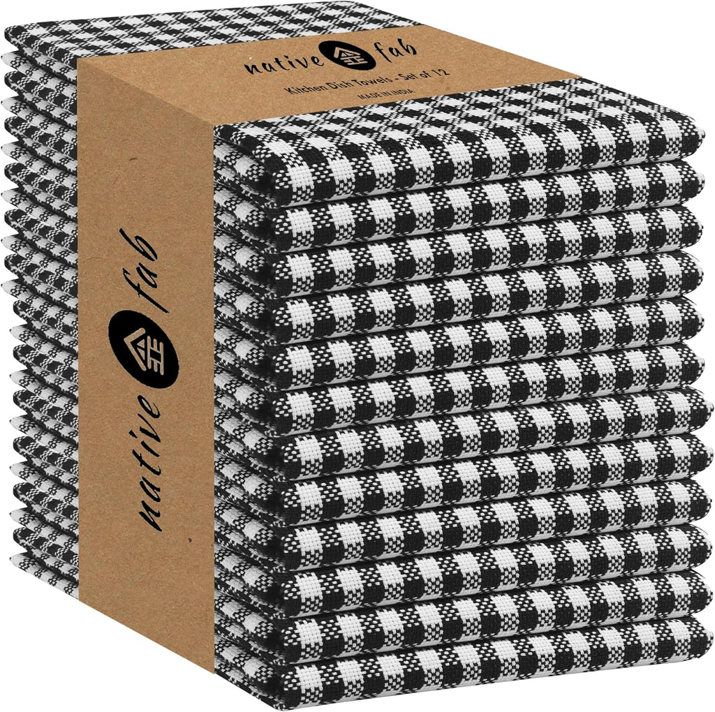 Native Fab Black Gingham Dish Towels 16"x26" Set of 12 - Cotton Mini Check Plaid Towels, Soft Absorbent Dishcloths with Hanging Loop, Kitchen Towel for Quick Drying - Black White