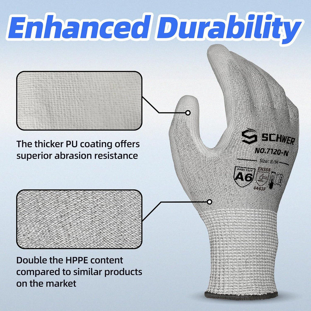 Schwer 6 Pairs ANSI A6 Cut Resistant Gloves CR7120 Cut Proof Work Gloves, Touchscreen, for Men and Women Used for Woodworking, Glass Cutting, Construction, Cargo Handling, Car Repair, L